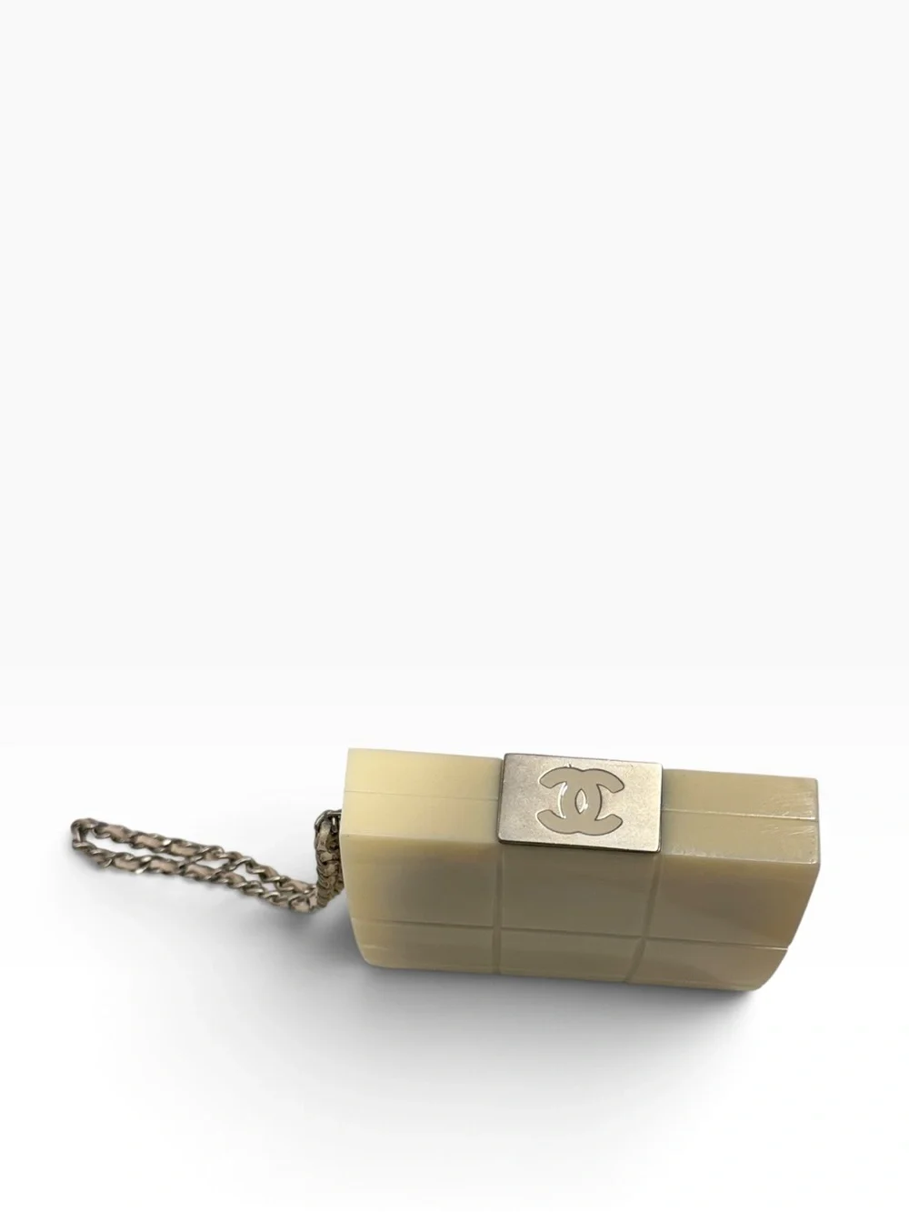 Vintage Chanel Chocolate Bar Minaudiere Acrylic Chain Strap Clutch Bag Cream